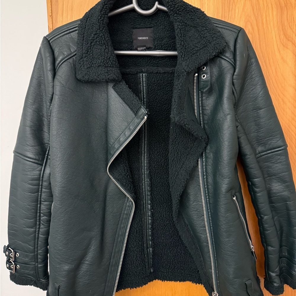 Forever 21 Black Leather Jacket with Shearling